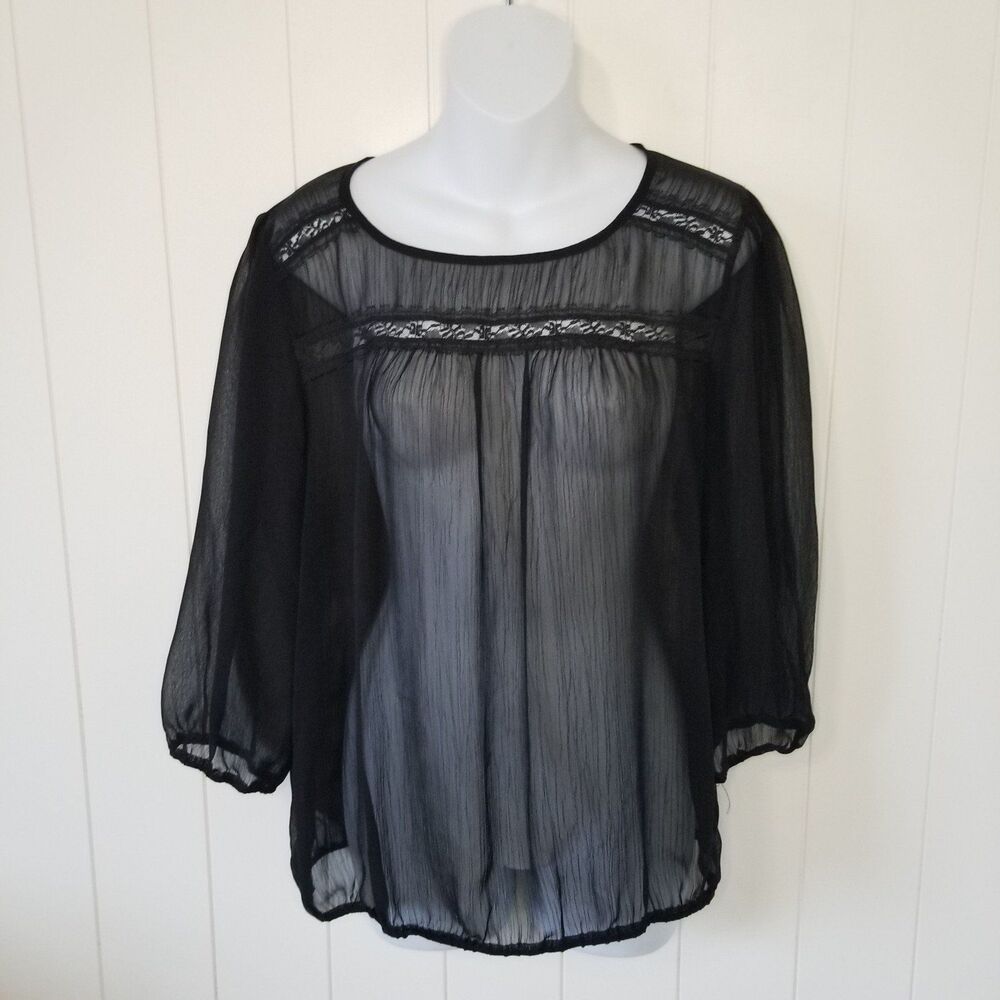 Lily Star Blouse Top Women's XL Black Sheer Floral Lace Crochet Fairy Witchy